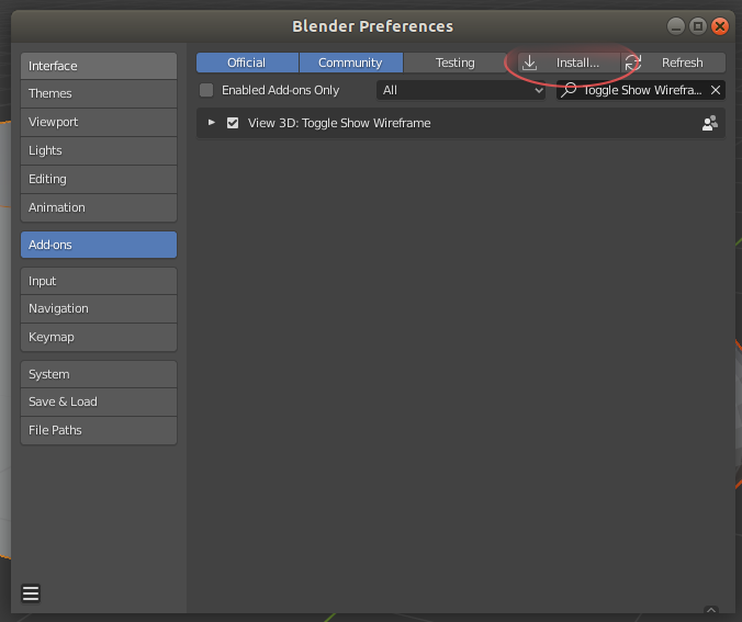 Image showing the location of the "Install..." button within the Blender Preferences