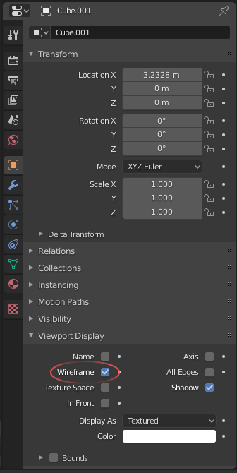 Image showing the location of the wireframe option within the Blender UI